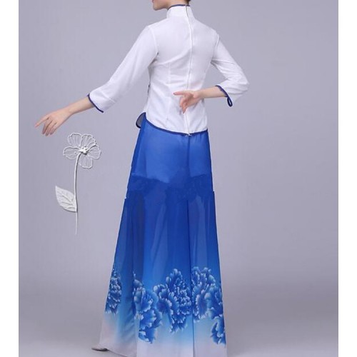 Women's Chinese folk dance dress  blue red ancient classical dance fairy cosplay yangko umbrella fan dance costumes clothes 
